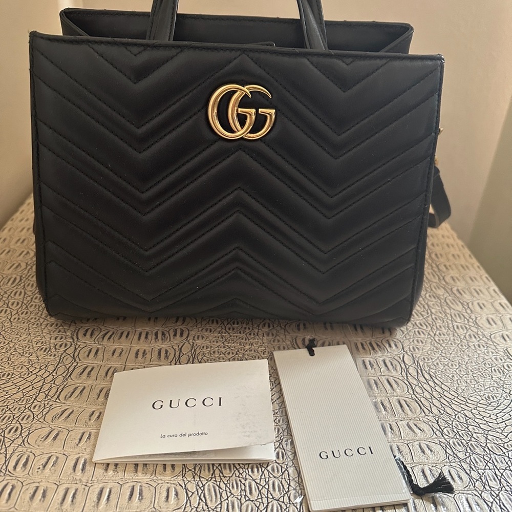Black leather GG Marmont with top handle bag and Optional Shoulder strap